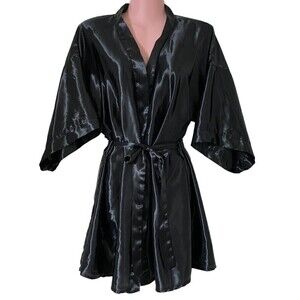 Vintage Shirley  Women's Wrap Robe Kimono One Size Black Wet Look Satin